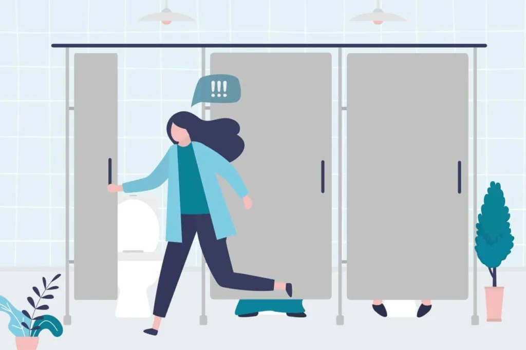 graphic of Urine incontinence Stonebridge woman running to the toilet.