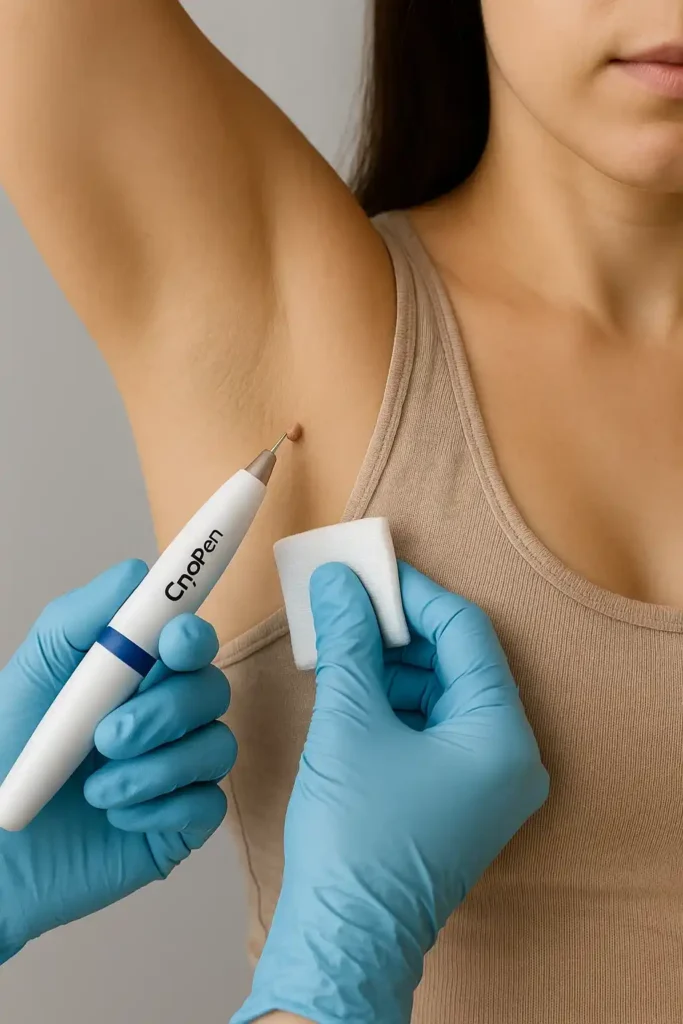 woman having cryopen to remove underarm skin tags Stonebridge