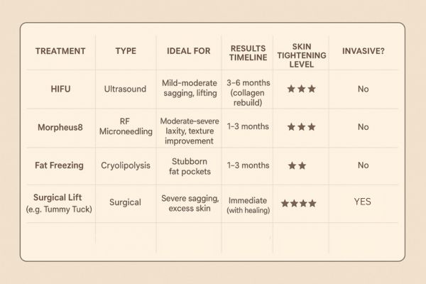 Table showing the comparisons of Skin tightening Stonebridge treatment options.